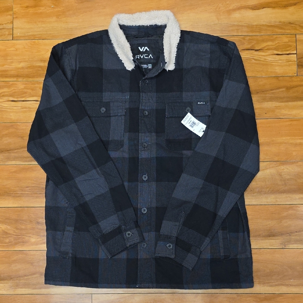 RVCA Size L Range Faux Shearling Collar Plaid Flannel Shirt Jacket  NEW